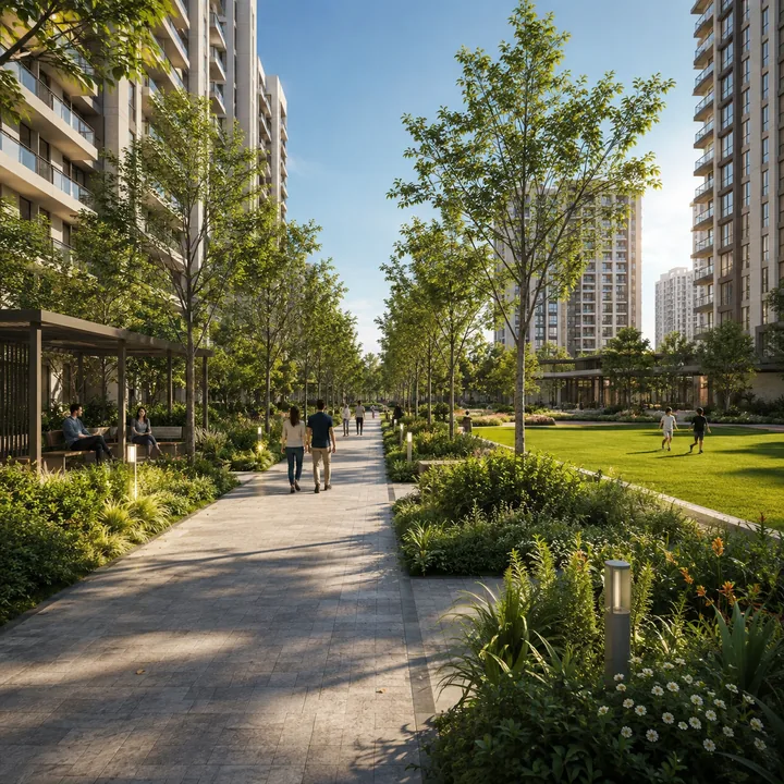 Brigade Innovation Gardens landscaped green belt - 10 per cent of the site with 3,800 saplings Brigade Innovation Gardens landscaped green belt - 10 per cent of the site with 3,800 saplings