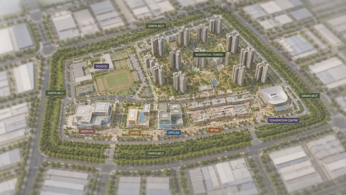 Brigade Innovation Gardens master plan site layout showing the residential tower cluster, the hospital and hotel precinct, the office, retail and convention blocks, the school parcel and the perimeter green belt Brigade Innovation Gardens master plan site layout showing the residential tower cluster, the hospital and hotel precinct, the office, retail and convention blocks, the school parcel and the perimeter green belt